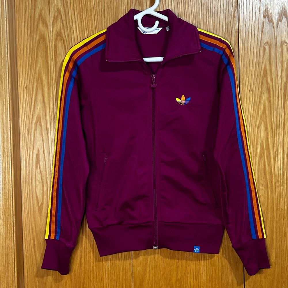 Adidas Burgundy Track Jacket with Multicolor Stripes